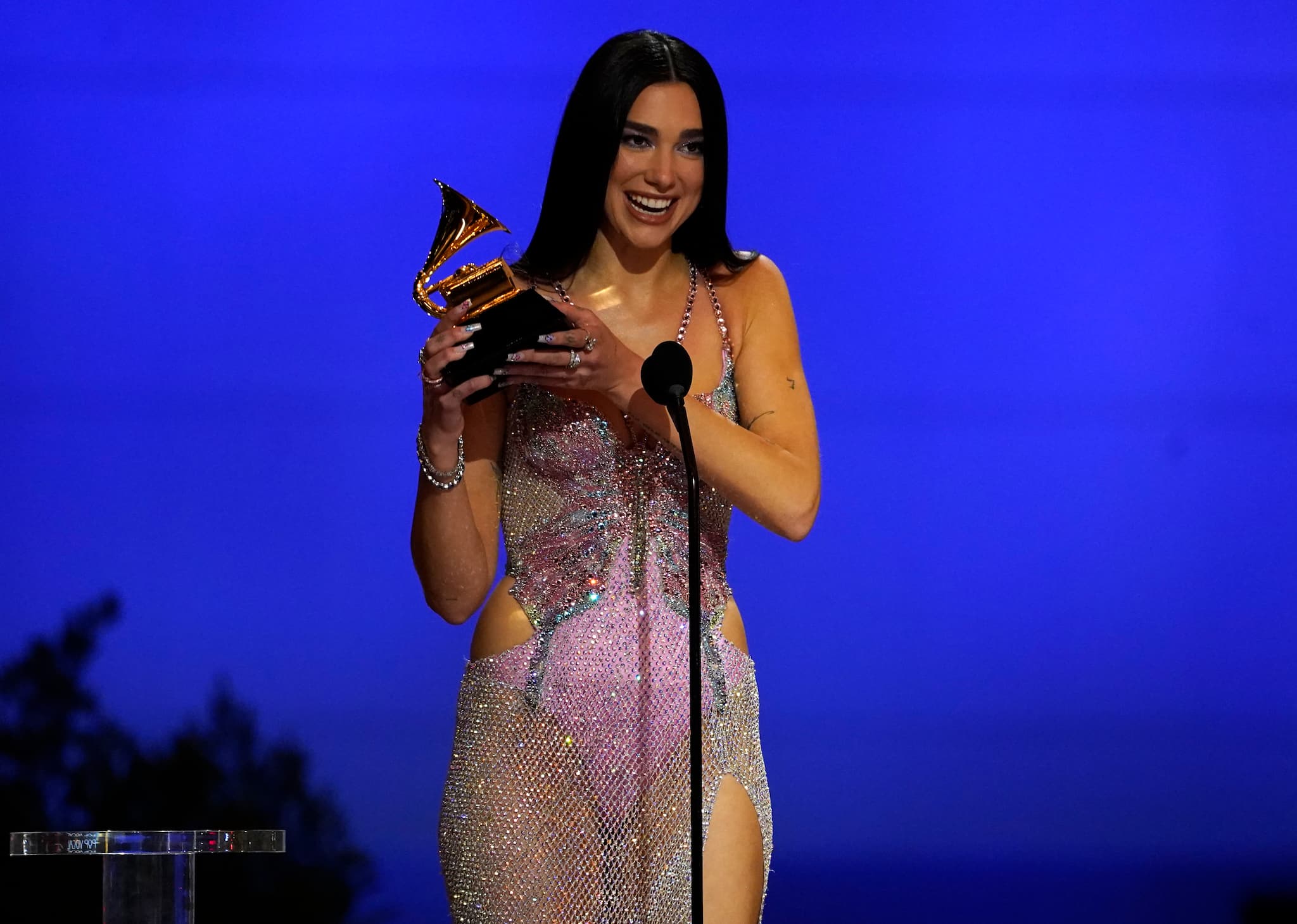 Dua Lipa accepts the award for best pop vocal album for "Future Nostalgia" at the 63rd annual Grammy Awards at the Los Angeles Convention Center on Sunday, March 14, 2021. (AP Photo/Chris Pizzello)