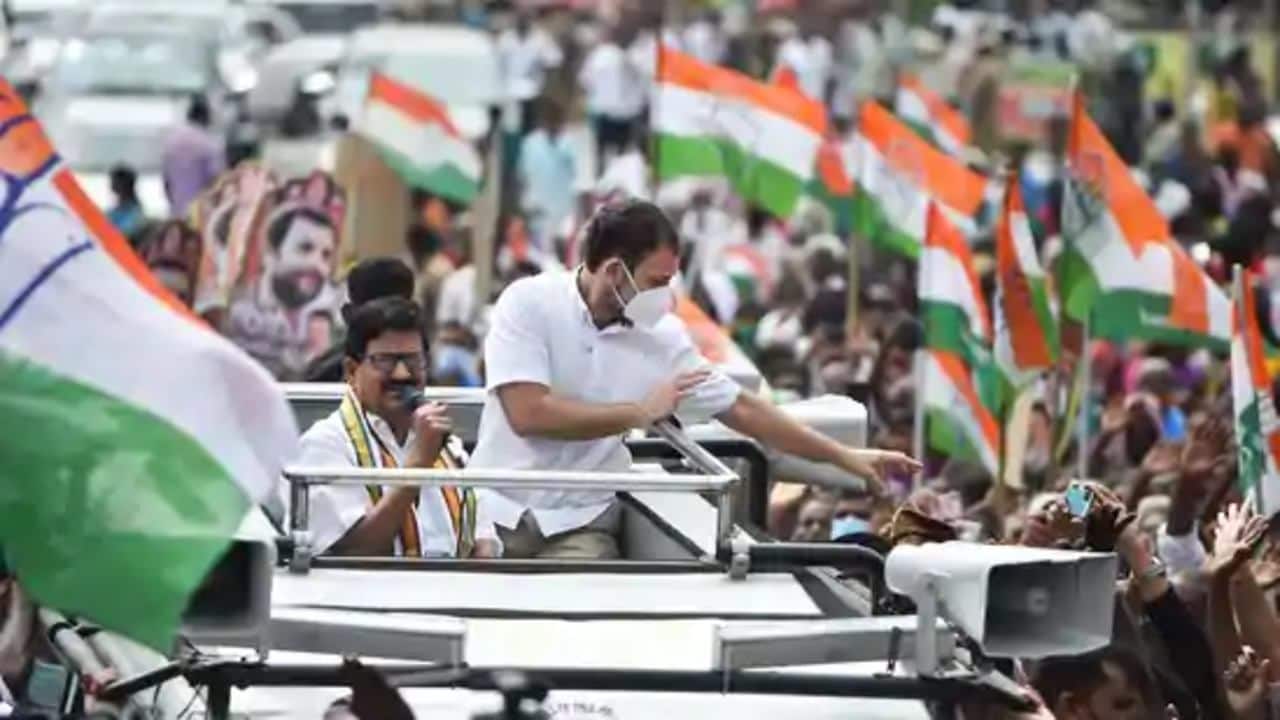 Senior Congress leader Rahul Gandhi greets party workers and the crowd at Coimbatore in poll-bound Tamil Nadu. (Image: PTI)