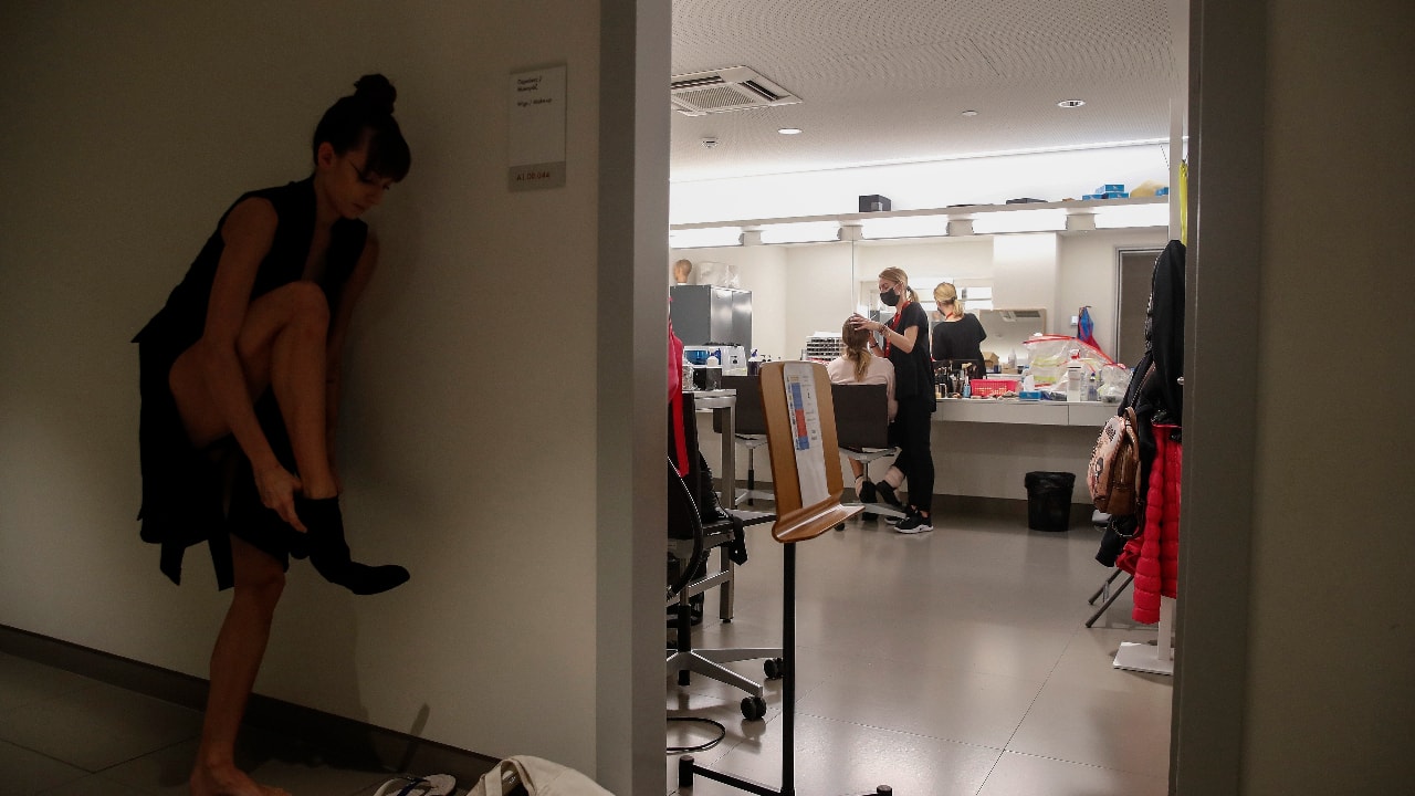 Eleftheria Stamou dancer of the Greek National Opera Ballet prepares, prior to a rehearsal of &quot;Despo-Greek Dances&quot; Opera and dance performance in Athens. (AP Photo/Thanassis Stavrakis)