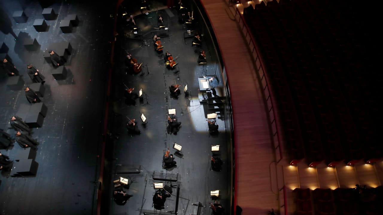 Singers and the orchestra of the Greek National Opera perform during the video recording of &quot;Despo-Greek Dances&quot; Opera and dance performance in Athens. (AP Photo/Thanassis Stavrakis)