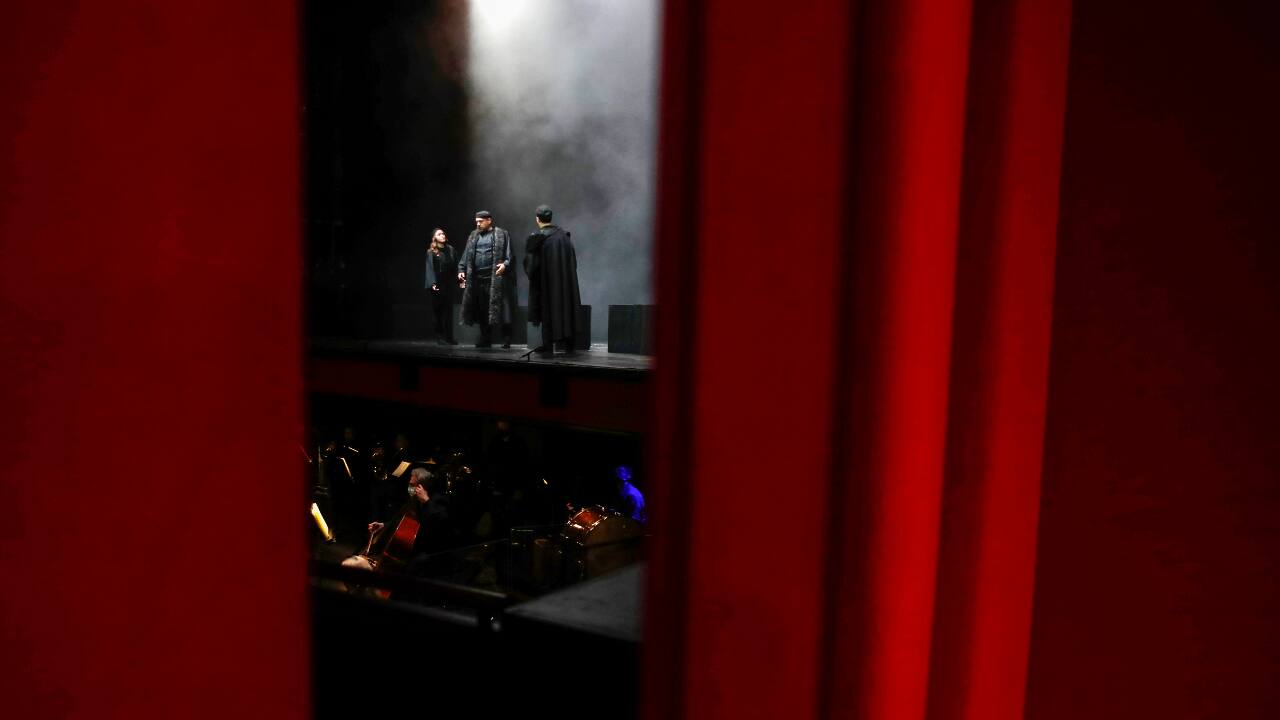 Singers and the orchestra of the Greek National Opera perform during the video recording of &quot;Despo-Greek Dances&quot; Opera and dance performance in Athens. (AP Photo/Thanassis Stavrakis)