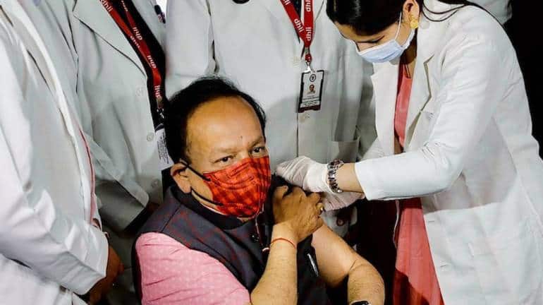 Union Health Minister Harsh Vardhan and his wife took their first doses of COVAXIN at the Delhi Heart &amp; Lung Institute. According to ANI, the minister said “Hanuman Ji crossed India to get it, but this 'Sanjeevani' is available at your nearby private and government facility.” (Image: Twitter/ @MoHFW_INDIA)