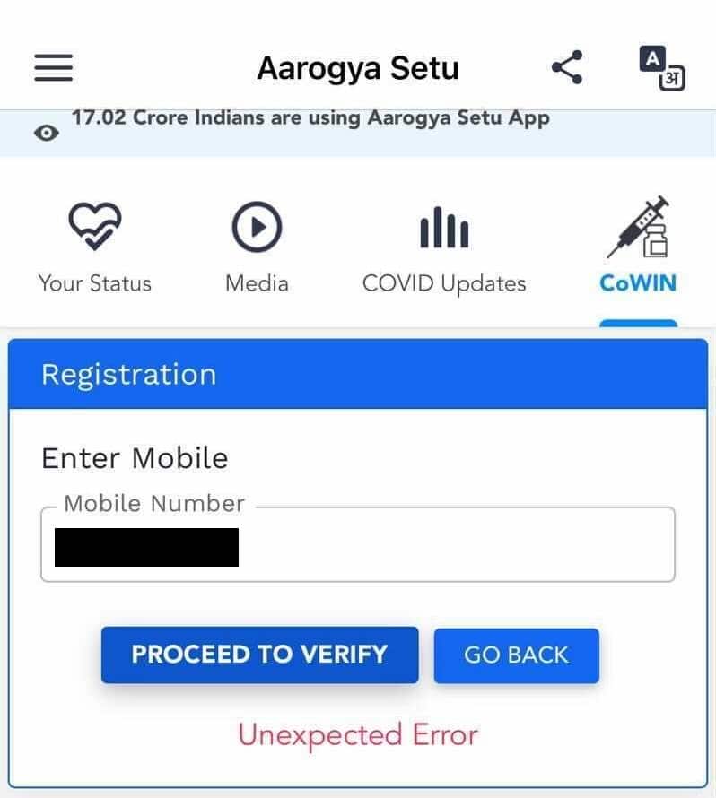 Screenshot of the Aarogya Setu app showing an "unexpected error" while registering in the Co-WIN section