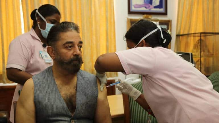Actor and Makkal Needhi Maiam President Kamal Haasan received the first dose of a vaccine against COVID-19 in Chennai. (Image: Twitter/ @ikamalhaasan)