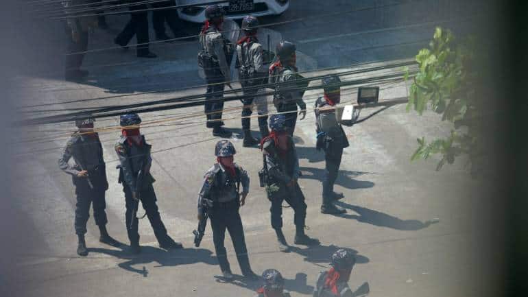Police stand after they seized Sanchaung district in search of anti-coup demonstrators in Yangon, Myanmar, on March 8. (Image: Reuters/Stringer)