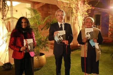 (L to R) Art historian and author Yashodhara Dalmia, ambassador of France to India Emmanuel Lenain and poet and Raza Foundation managing trustee Ashok Vajpeyi at the release of 'Sayed Haider Raza: The Journey of an Iconic Artist'.