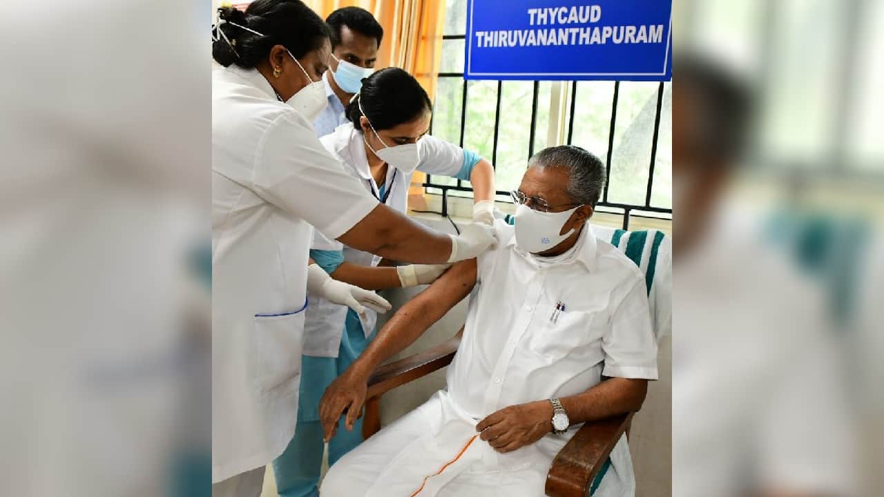 Kerala Chief Minister Pinarayi Vijayan took his first dose of COVID-19 vaccine in Thiruvananthapuram on March 3. (Image: Twitter @ANI)