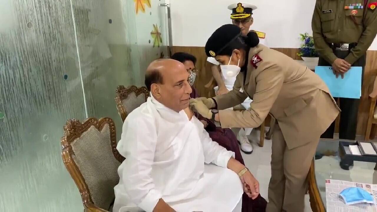 Defence Minister Rajnath Singh receives the first dose of COVID-19 vaccine at RR Hospital in New Delhi. He tweeted saying, &quot;I salute the efforts of India’s scientists and doctors who developed the Vaccine in a short span of time. I also thank the Doctors and paramedic staff at the RR Hospital for the vaccination. I urge everyone who is eligible to take the vaccine and make India COVID free.&quot;