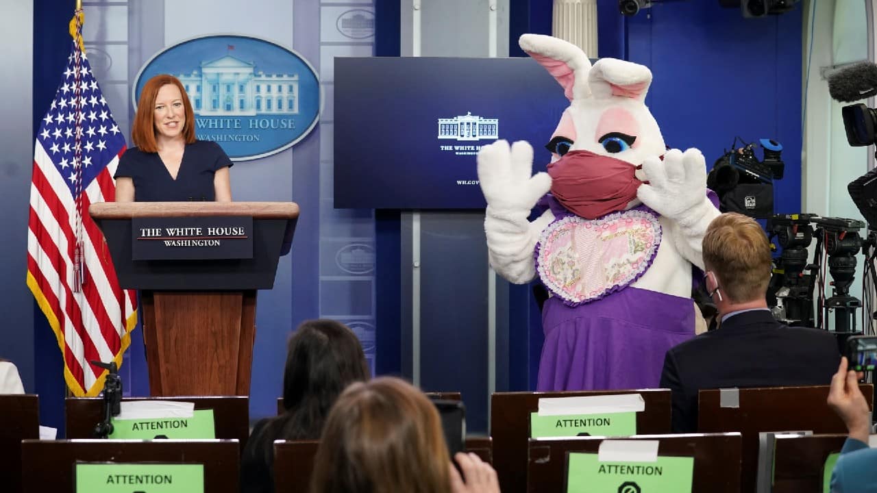 The Easter Bunny makes an appearance during a briefing by White House press secretary Jen Psaki at the White House in Washington, U.S. (Image: Reuters)