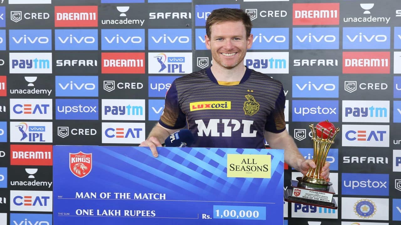 In the end, KKR won the match by 5 wickets with 20 balls remaining. Eoin Mogan was named the 'Player of the Match' for his unbeaten 47 runs of 40 balls. (Image: Twitter/@IPL, BCCI) In the end, KKR won the match by 5 wickets with 20 balls remaining. Eoin Mogan was named the 'Player of the Match' for his unbeaten 47 runs of 40 balls. (Image: Twitter/@IPL, BCCI)
