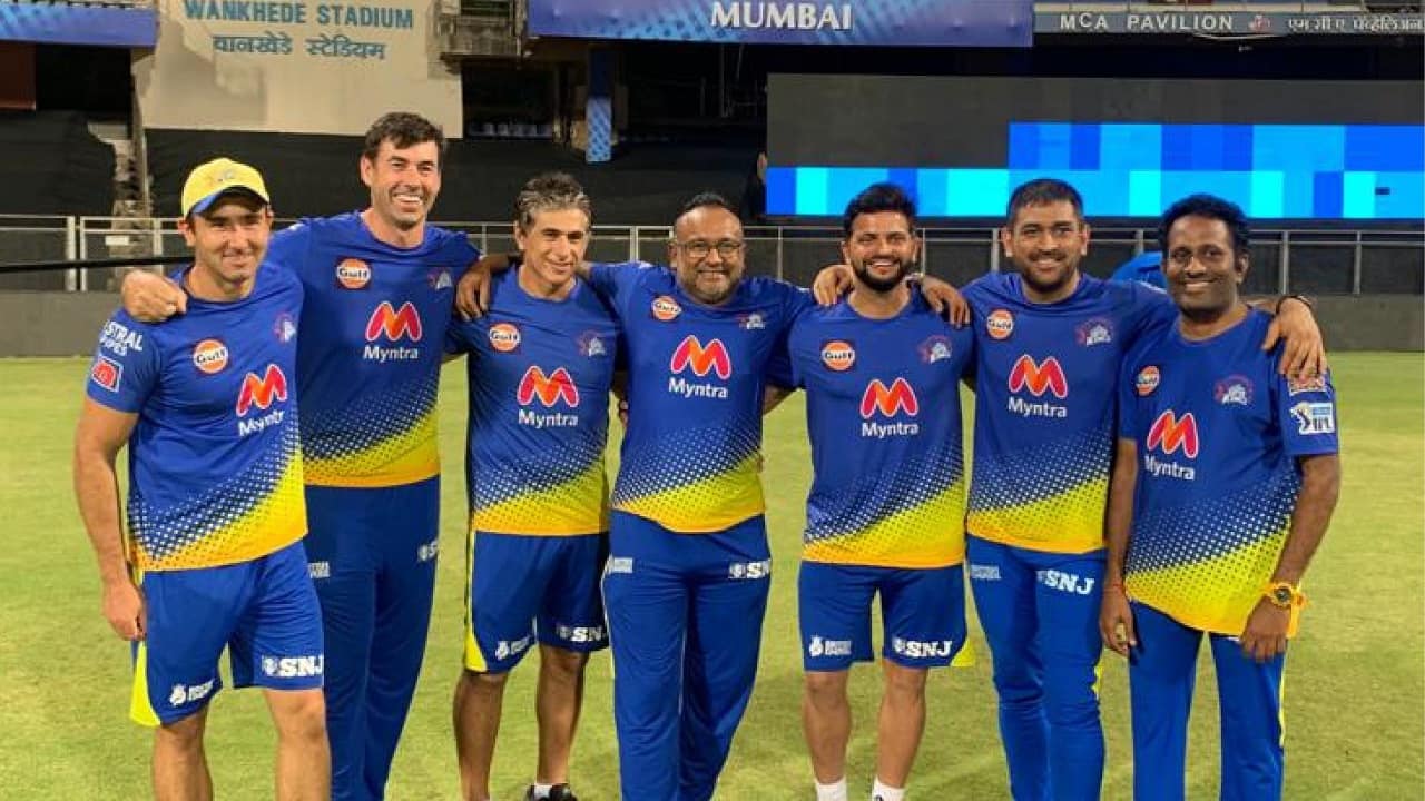 CSK players and support staff during a practice session at Wankhede Stadium, Mumbai (Image: Twitter/@ChennaiIPL)