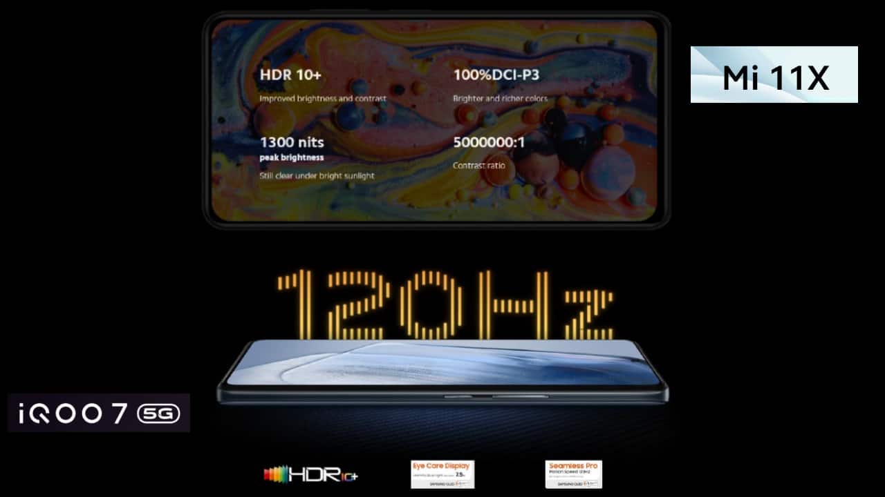 In terms of the display, the Mi 11X features a 6.67-inch FHD+ AMOLED panel with a 120Hz refresh rate, while the iQOO 7 boats a 6.62-inch FHD+ AMOLED screen with a 120Hz refresh rate. The Mi 11X opts for a 360Hz touch sampling rate as opposed to 300Hz on the iQOO 7, although the latter also has an Instant touch sampling rate of 1000Hz. Both phones support HDR, offer a peak brightness of 1,300 nits, but the iQOO 7 has a slightly higher contrast ratio. 