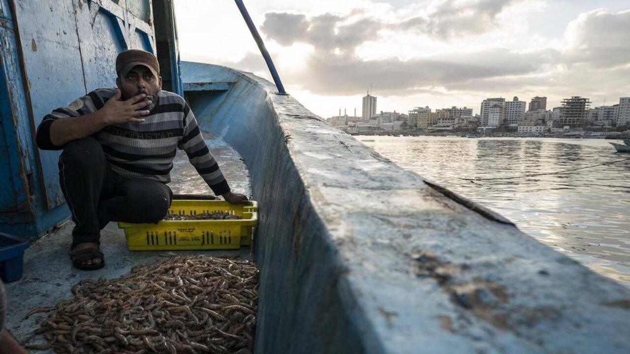 A fisherman takes a drag from his cigarette while sorting shrimp on deck after a limited number of boats are allowed to return to the sea following a cease-fire reached after an 11-day war between Gaza's Hamas rulers and Israel, in Gaza City, Sunday, May 23, 2021. (AP Photo/John Minchillo) A fisherman takes a drag from his cigarette while sorting shrimp on deck after a limited number of boats are allowed to return to the sea following a cease-fire reached after an 11-day war between Gaza's Hamas rulers and Israel, in Gaza City, Sunday, May 23, 2021. (AP Photo/John Minchillo)