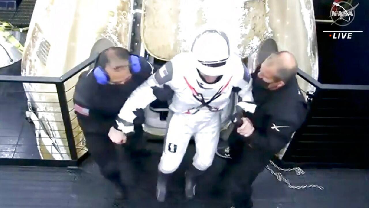 Hopkins was the first one out, doing a little dance as he emerged under the intense spotlights. “It’s amazing what can be accomplished when people come together,” he told SpaceX flight controllers at company headquarters in Hawthorne, California. “Quite frankly, you all are changing the world. Congratulations. It’s great to be back.” (Image: AP) Hopkins was the first one out, doing a little dance as he emerged under the intense spotlights. “It’s amazing what can be accomplished when people come together,” he told SpaceX flight controllers at company headquarters in Hawthorne, California. “Quite frankly, you all are changing the world. Congratulations. It’s great to be back.” (Image: AP)