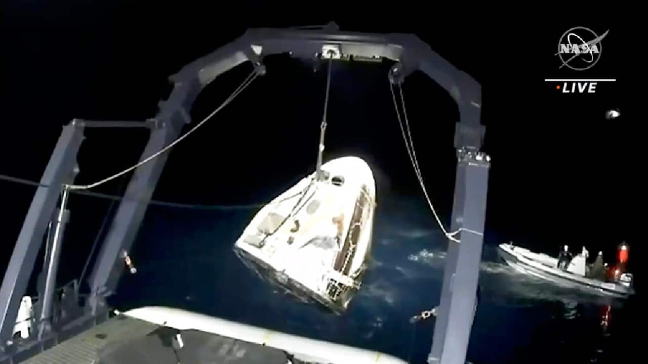 The Dragon capsule parachuted into the Gulf of Mexico off the coast of Panama City, Florida, just before 3 a.m., ending the second astronaut flight for Elon Musk’s company. (Image: AP) The Dragon capsule parachuted into the Gulf of Mexico off the coast of Panama City, Florida, just before 3 a.m., ending the second astronaut flight for Elon Musk’s company. (Image: AP)