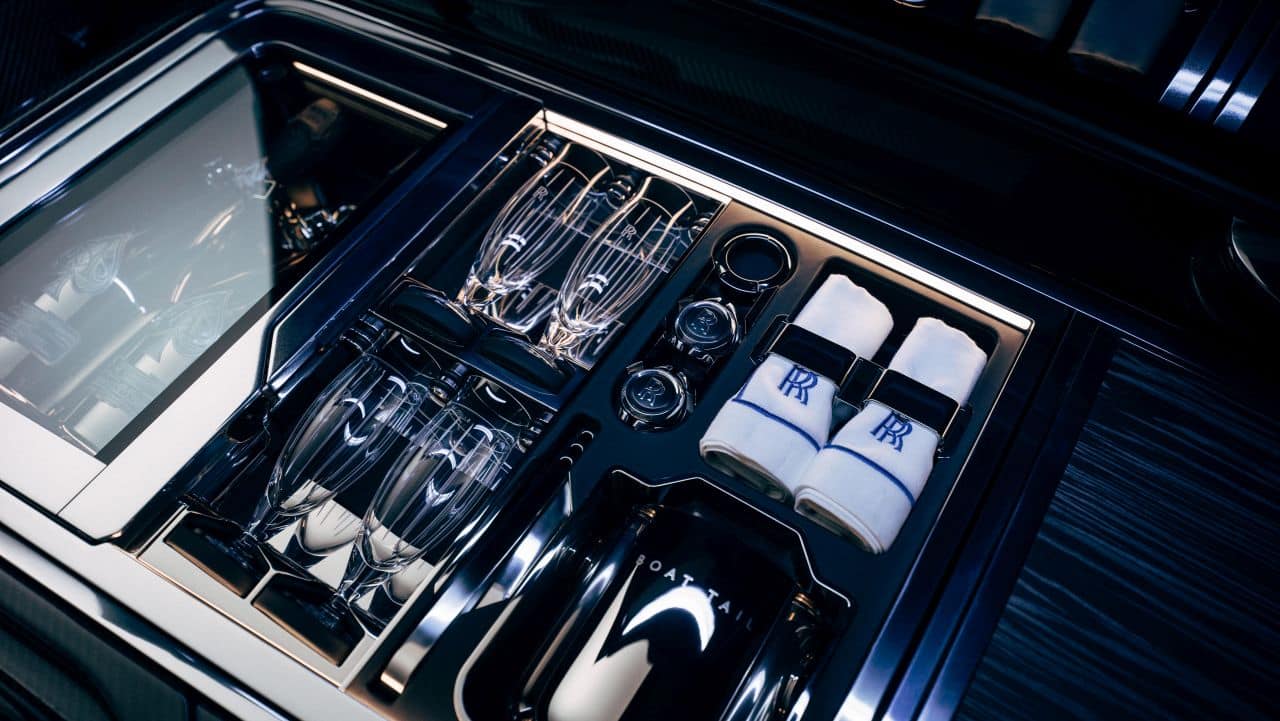 Under the deck there is fine cutlery, silverware, towels and two refridgerators, one of which can rapid cool the owner’s favourite wine bottles to 6 degrees Celsius. (Image source: Rolls Royce)