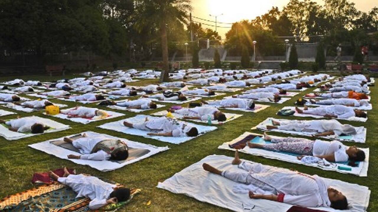 People take part in a yoga session at a park in Amritsar, India (Image: Narinder Nanu/AFP)
