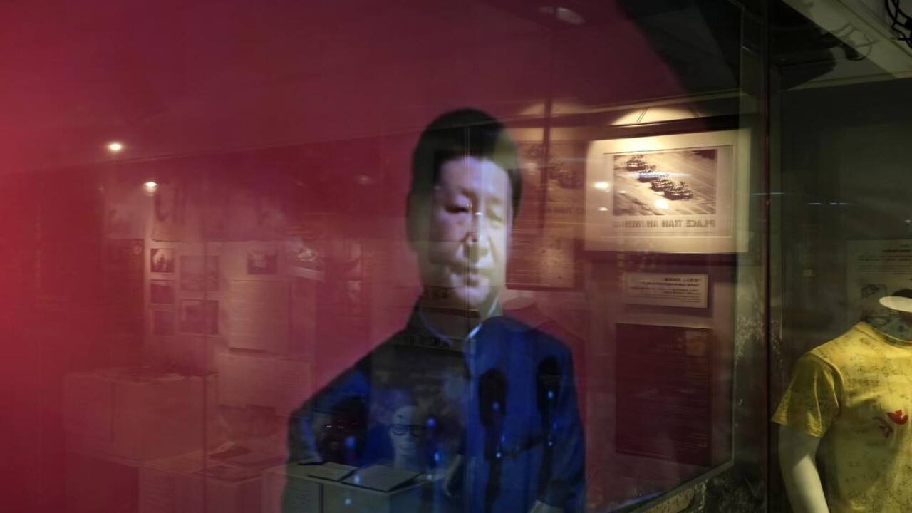 An image of China President Xi Jinping is shown on a TV screen at the &quot;June 4 Memorial Museum&quot; run by pro-democracy activists in Hong Kong on Sunday, May 30, 2021.