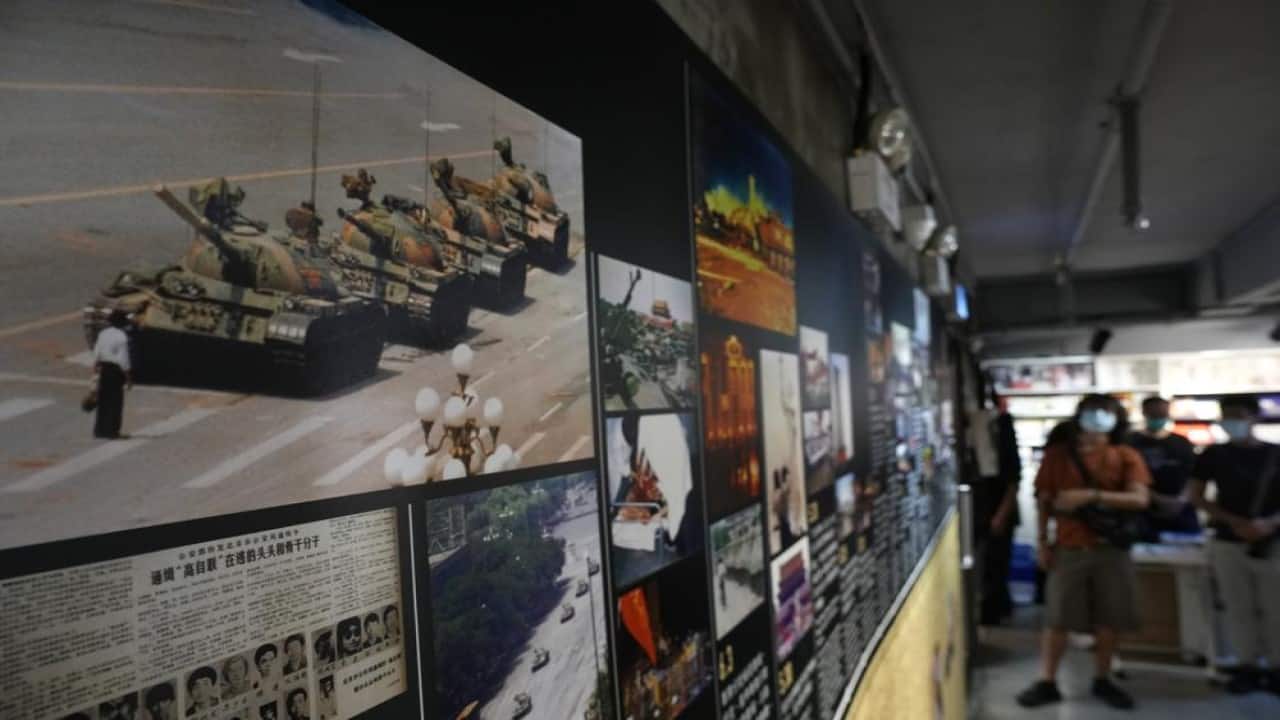 A picture showing a man blocking a line of tanks at the 1989 pro-democracy movement in Beijing is displayed at the &quot;June 4 Memorial Museum&quot; run by pro-democracy activists in Hong Kong on Sunday, May 30, 2021. 