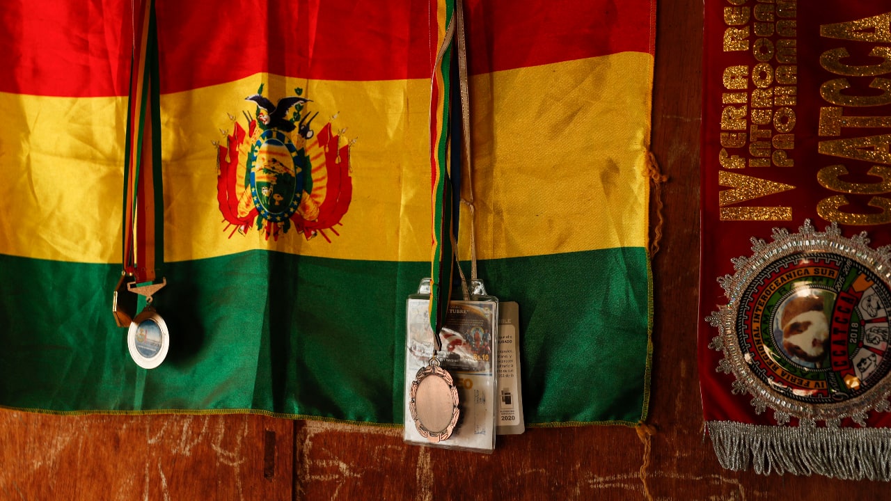 A Bolivian flag hangs behind the boxing medals of Gracce Kelly Flores, a 12-year-old boxer who goes by the nickname Hands of Stone, at her home in Palca, Bolivia. (AP Photo/Juan Karita)