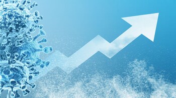 Microbes with an upward arrow symbolize increasing numbers of COVID infections (Source: ShutterStock)