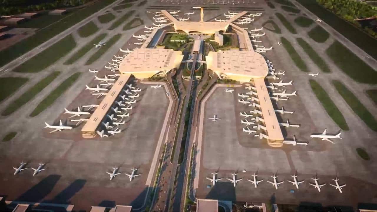 Aerial view of the Navi Mumbai International Airport, which will be able to handle 90 million passengers per year, when it is fully ready.