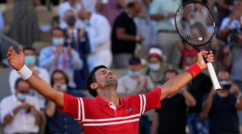 Serbia's Novak Djokovic reacts after winning a point against Stefanos Tsitsipas of Greece during their final match of the French Open (Image: AP)