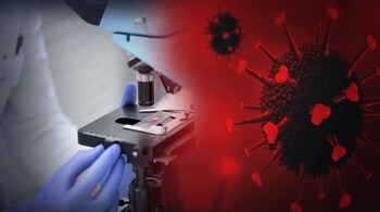 Close up of scientist's hand in glove setting microscope and making research in clinical laboratory over coronavirus hologram (Source: ShutterStock)