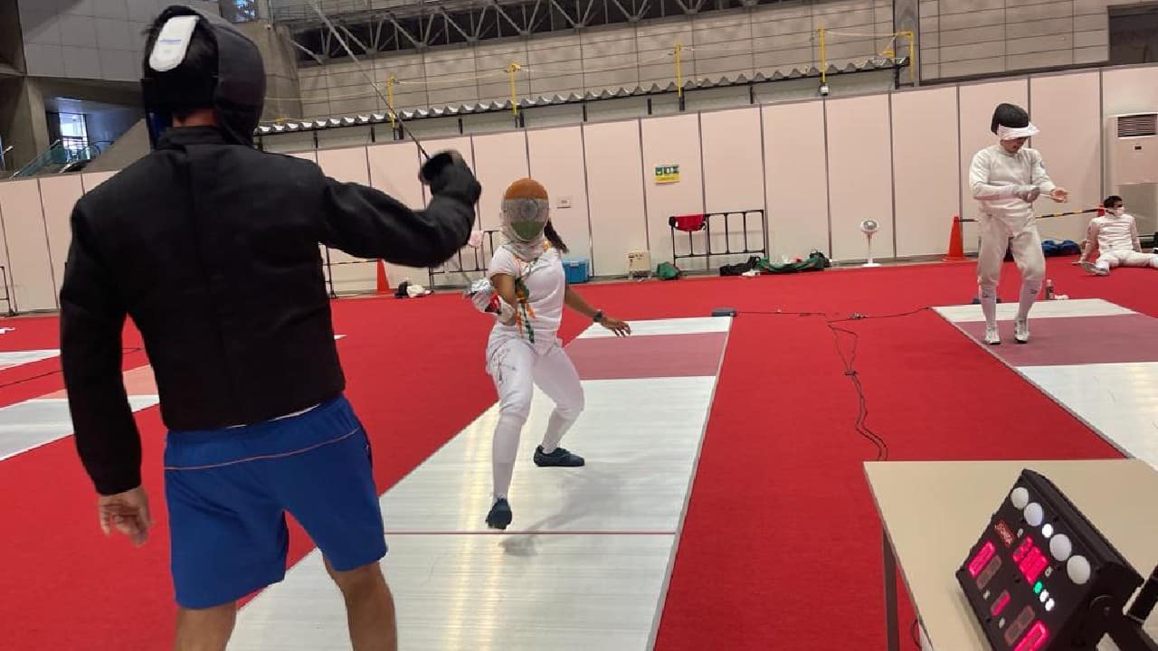 India’s first ever Olympic sabre fencer CA Bhavani Devi practicing in Tokyo. (Image: @Media_SAI) India’s first ever Olympic sabre fencer CA Bhavani Devi practicing in Tokyo. (Image: @Media_SAI)