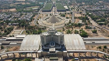 An aerial shot of the revamped Gandhinagar railway station (Image: Twitter/@RailMinIndia)