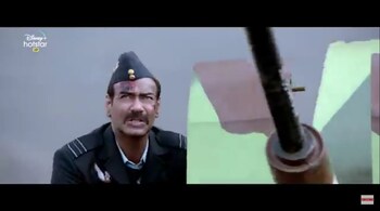 Ajay Devgn plays Squadron Leader Vijay Karnik, head of the bombed air base, in 'Bhuj: The Pride of India'. (Image: screen grab)