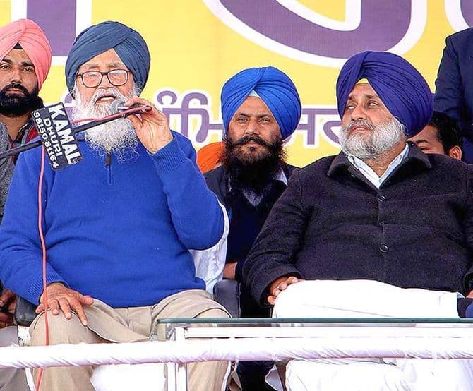 Akali Dal supremo and former Punjab CM Parkash Singh Badal with son Sukhbir Badal (File image: PTI)