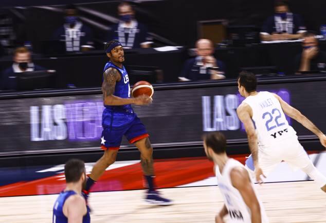 United States' Bradley Beal brings the ball up court against Argentina during the second half of an exhibition basketball game in Las Vegas on Tuesday, July 13, 2021. (Chase Stevens/Las Vegas Review-Journal via AP)