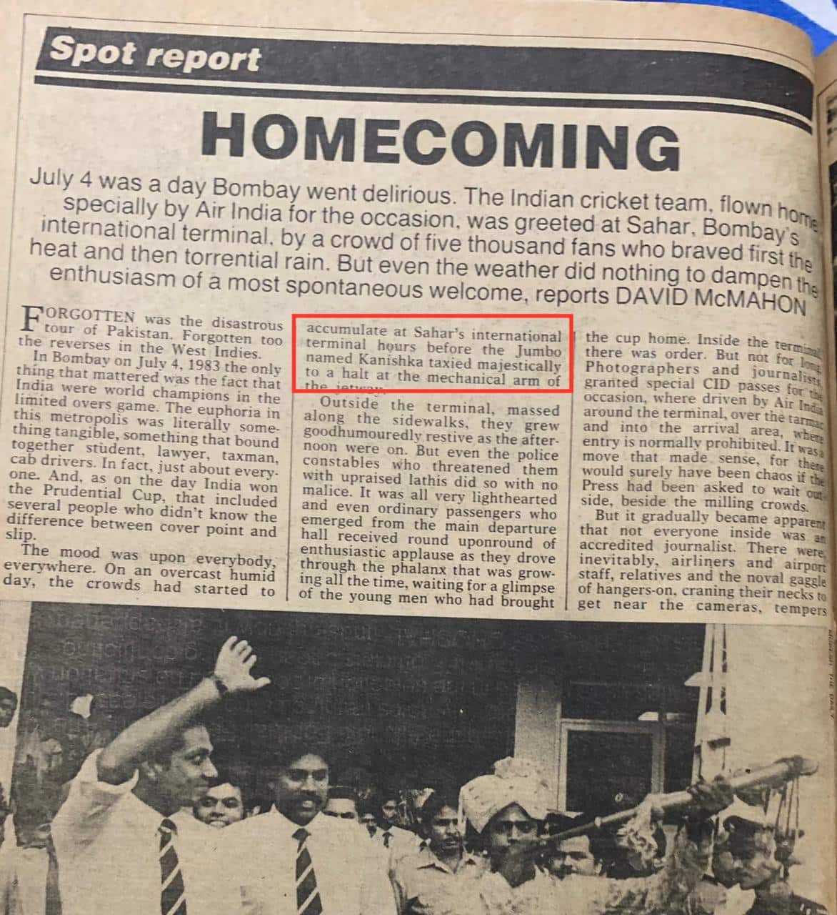 A photo of David McMahon's article 'Homecoming' about the return of the 1983 cricket World Cup winning team.