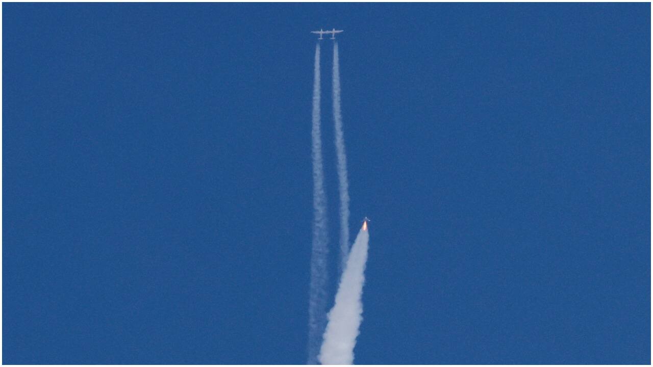 A twin-fuselage aircraft with Unity attached underneath took off in the first stage of the flight. Unity then detached from the mother ship at an altitude of about 8 1/2 miles (13 kilometers) and fired its engine, reaching more than Mach 3, or three times the speed of sound, as it pierced the edge of space. In this picture, rocket plane VSS Unity begins its ascent to the edge of space. REUTERS/Joe Skipper