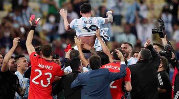 For all their magnificent achievements, Lionel Messi and Cristiano Ronaldo, the biggest stars of the game today, haven’t quite set the World Cup on fire. In this picture, Argentina's Lionel Messi is thrown in the air by teammates after winning the Copa America. Reuters) 