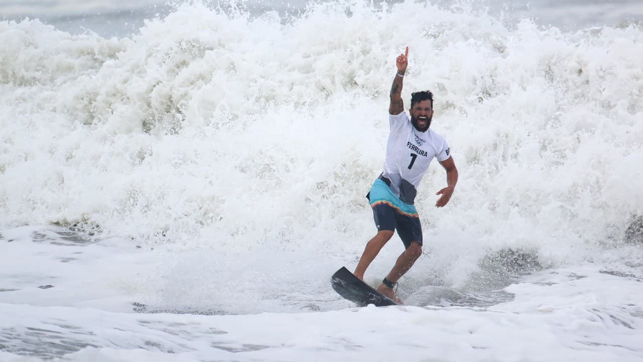 Ferreira, who learned to surf standing on the foam box his father sold fish from, beat Japan's Kanoa Igarashi in the final. Ferreira snapped his board on the first wave and had to wait in the sea for a replacement. But he recovered to score 15.14 to Igarashi's 6.60 at Tsurigasaki Beach, around 100km (60 miles) east of Tokyo. (Image: Reuters)