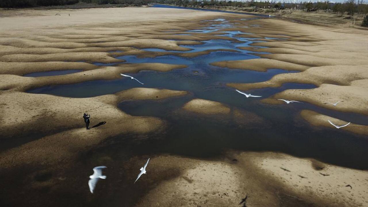 Birds fly over a man taking photos of the exposed riverbed of the Old Parana River, a tributary of the Parana River during a drought in Rosario, Argentina, Thursday, July 29, 2021. Parana River Basin and its related aquifers provide potable water to close to 40 million people in South America, and according to environmentalists the falling water levels of the river are due to climate change, diminishing rainfall, deforestation and the advance of agriculture. (Image: AP)