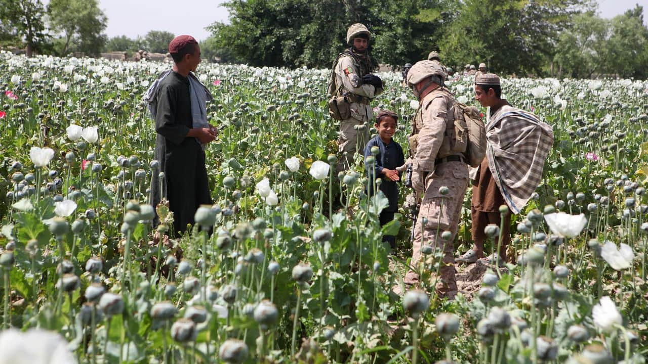 A 2011 photo of an International Security Force Assistance marine greeting children at a farmland in Helmand province, Afghanistan. Ironically, the war in Afghanistan had weakened irrigation and other systems that supported the opium trade. (Photo: US Marines via ISAFmedia via Wikimedia Commons)
