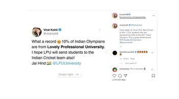 Virat Kohli's post on July 27 for Lovely Professional University was devoid of any disclosure label like #ad, promo, sponsored that is required for any branded content.