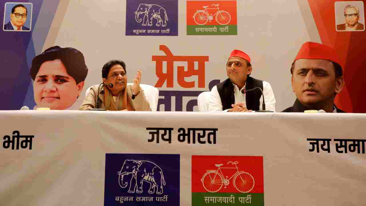 The Bahujan Samaj Party (BSP) chief Mayawati (L) speaks as <a rel=