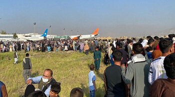 There was chaos at the Kabul airport as people scrambled to fly out. Image: AFP
