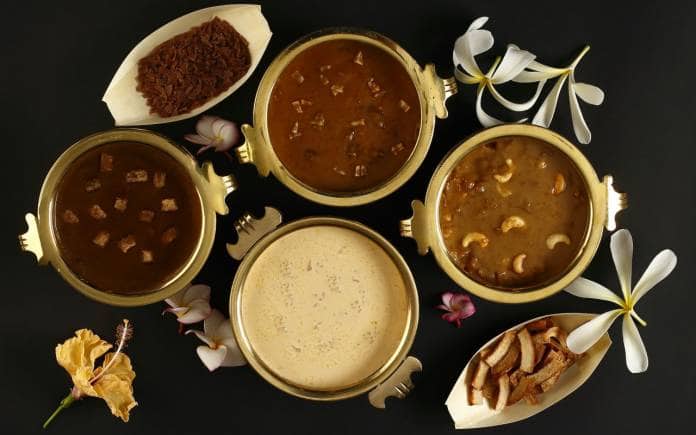 Onam desserts at Kappa Chakka Kandhari in Bengaluru and Chennai include Ada Pradhaman, Palada, Chakka Pradhaman and Parippu Payasam. (Photo: Ashok Raju)