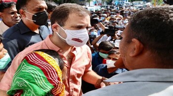 Rahul Gandhi meets the family of the minor girl who was allegedly raped, murdered, and cremated without her parents' consent in Old Nangal crematorium, Delhi. (Image: Congress media cell)