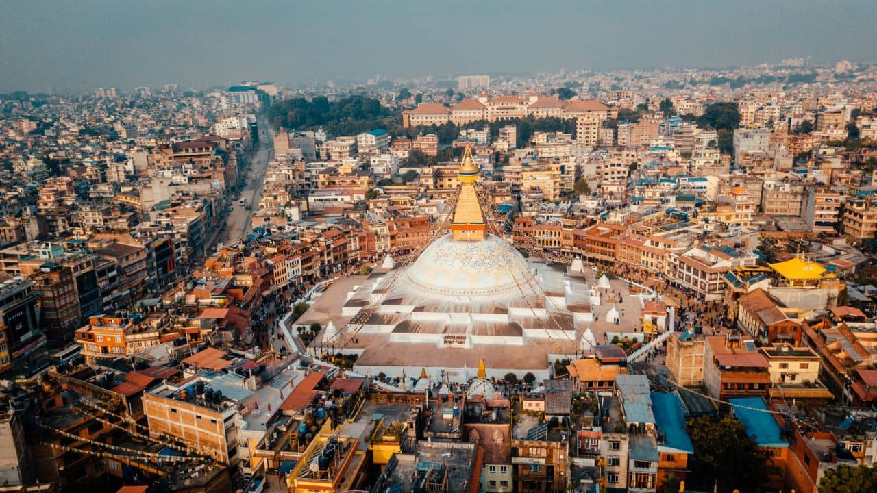 Stupa Bodhnath Kathmandu Nepal photo from air Drone raimond-klavins-59Al83Zjtf8-unsplash