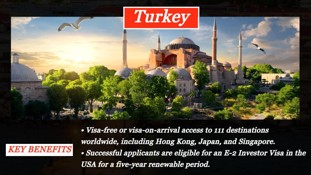 Turkey | The Turkey Citizenship-by-Investment Program allows investors to access both the European and Asian markets, as well as gain lifelong citizenship to a country that is in the process of full membership negotiations with the European Union. | Investment: The real estate options entails property purchase of a minimum of $ USD 250,000 + fees. Originally set at USD 1 million, it was reduced to its current rate in 2018. | Processing time: Approximately six–nine months from submission of the application to approval