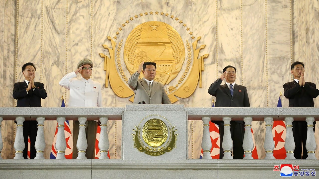 The parade — overseen by leader Kim Jong Un, wearing a cream suit and visibly slimmer than he was at the start of the year — centered around paramilitary organizations and public security forces protecting Pyongyang instead of the major military units that handle the most important weapons of Kim’s nuclear and missile arsenal. (Image: Korean Central News Agency/Korea News Service via AP)