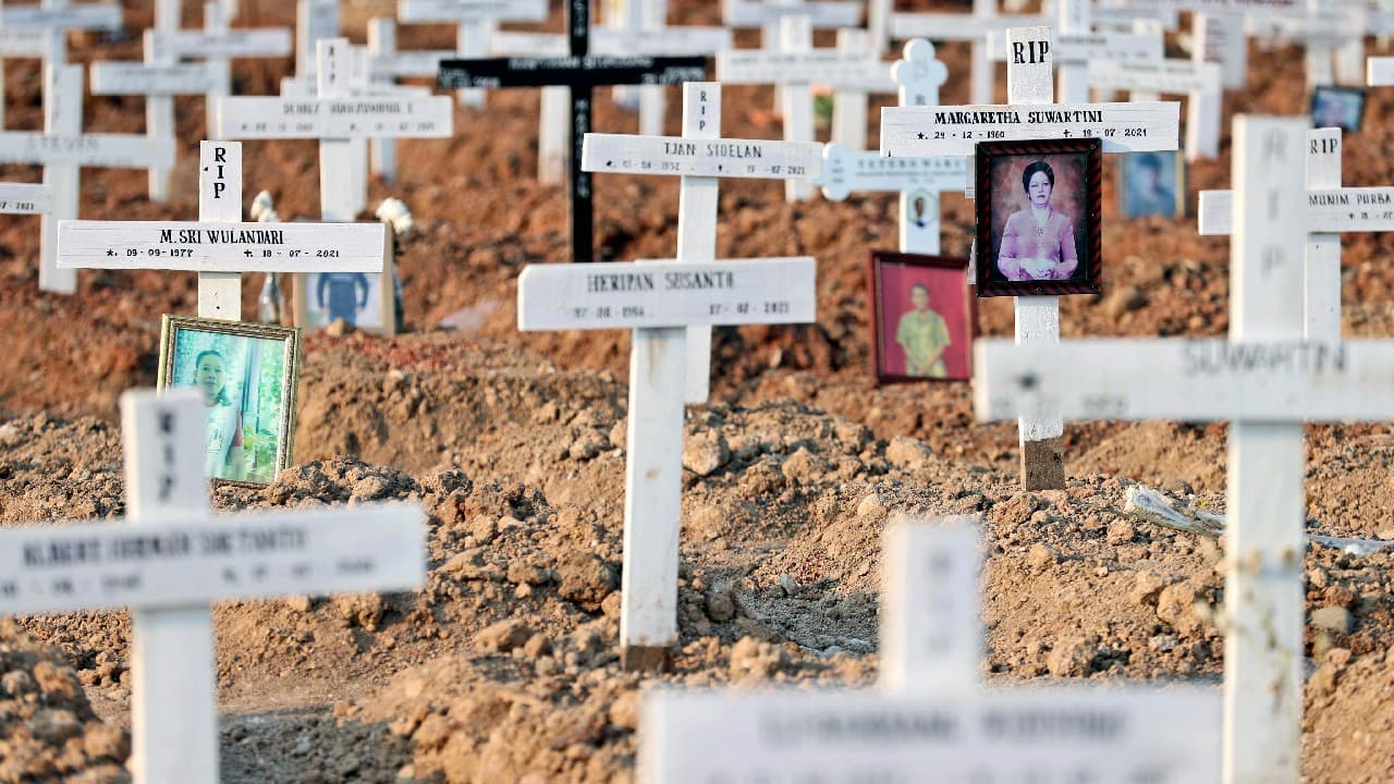 In a graveyard on Jakarta's outskirts, portraits of the dead, bouquets of flowers and other mementos serve as reminders of the deadly coronavirus wave that battered Indonesia over the summer. The neat lines of low dirt mounds are quieter now that burials have slowed — a relief for the cemetery's staff after the flood of fresh graves amid the month-long surge. (Image: AP) In a graveyard on Jakarta's outskirts, portraits of the dead, bouquets of flowers and other mementos serve as reminders of the deadly coronavirus wave that battered Indonesia over the summer. The neat lines of low dirt mounds are quieter now that burials have slowed — a relief for the cemetery's staff after the flood of fresh graves amid the month-long surge. (Image: AP)