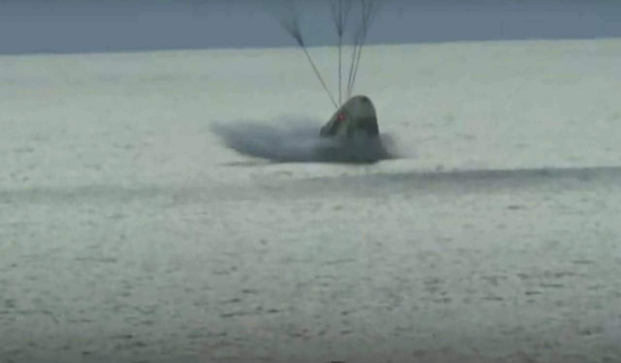 In this image taken from video a SpaceX capsule carrying four people splashes down in the Atlantic off the Florida coast, Saturday, Sept. 18, 2021. The all-amateur crew was the first to circle the world without a professional astronaut. (Inspiration4 via AP) In this image taken from video a SpaceX capsule carrying four people splashes down in the Atlantic off the Florida coast, Saturday, Sept. 18, 2021. The all-amateur crew was the first to circle the world without a professional astronaut. (Inspiration4 via AP)