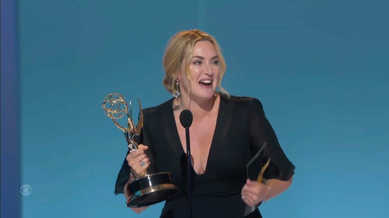 In this video grab issued Sunday, Sept. 19, 2021, by the Television Academy, Kate Winslet accepts the award for outstanding lead actress in a limited or anthology series or movie for "Mare of Easttown" during the Primetime Emmy Awards. (Television Academy via AP) In this video grab issued Sunday, Sept. 19, 2021, by the Television Academy, Kate Winslet accepts the award for outstanding lead actress in a limited or anthology series or movie for "Mare of Easttown" during the Primetime Emmy Awards. (Television Academy via AP)